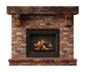 A classic brick fireplace with a rustic mantel and a simple rectangular design, isolated on transparent background