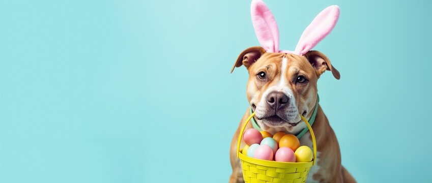 A charming brown dog dressed in bunny ears, holding an Easter basket filled with colorful eggs. Perfect for Easter-themed designs, pets celebrations, and festive occasions.

 - Powered by Adobe