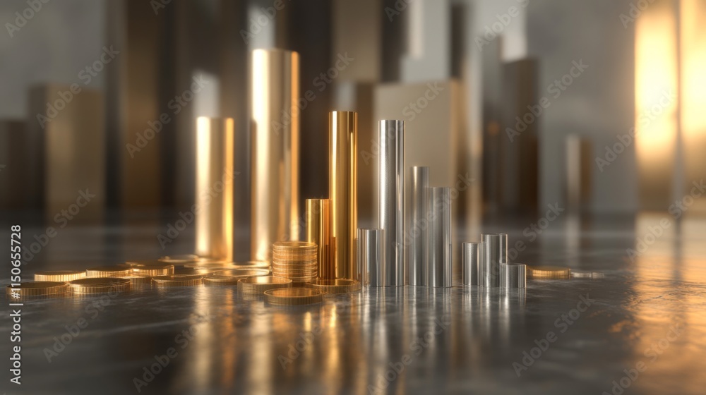 Poster metallic bars and coins in elegant lighting displayed on stone surface