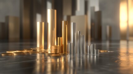 Metallic Bars and Coins in Elegant Lighting Displayed on Stone Surface