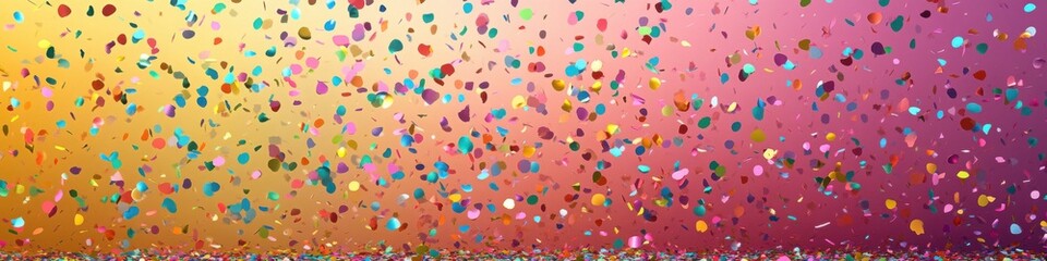 Colorful confetti scattered on a vibrant yellow and pink gradient background, creating a festive and celebratory design

