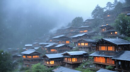 Fototapeta premium Rain falls on illuminated village houses nestled in mountains