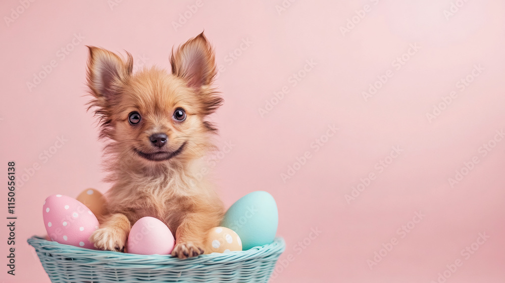 Poster adorable puppy relaxing in a basket filled with colorful easter eggs, creating a heartwarming spring