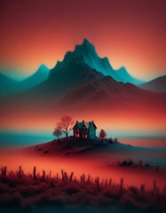 Fototapeta premium Miniature landscape, advertising photography, surreal art, masterpiece, professional surreal composition, gradient background, vibrant, teal and red color scheme
