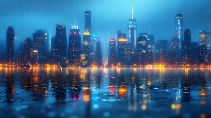 Fototapeta premium Rainy Night Cityscape Illuminated Skyscrapers Reflecting Water