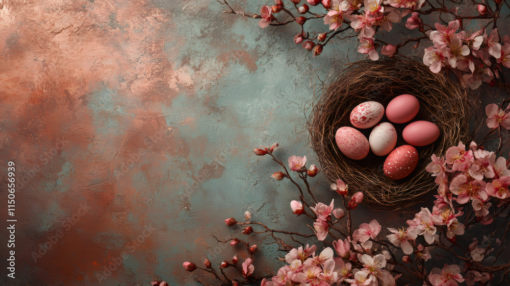 Aufkleber pink easter eggs are lying in a nest surrounded by spring flowers branches on a rustic background, c