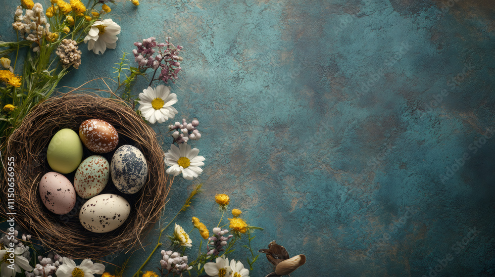 Poster vibrant easter eggs in a bird's nest with spring flowers, creating a festive scene against a texture
