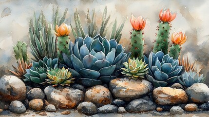 Fototapeta premium Vibrant Watercolor Illustration of Colorful Succulents and Cacti