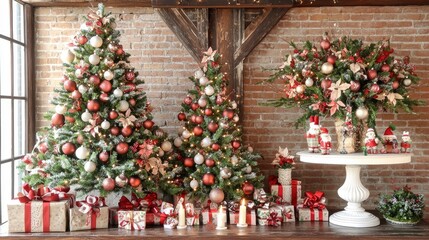 Elegant Christmas Decor with Three Trees, Presents, and Festive Figures