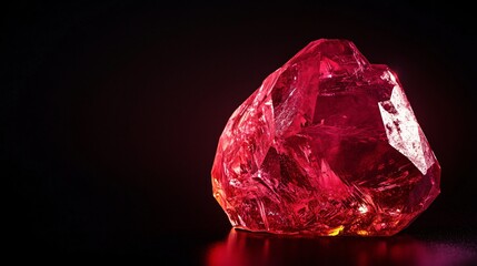 Realistic close-up of a raw ruby with a deep red hue, illuminated to highlight its natural facets and sparkle against a black background 