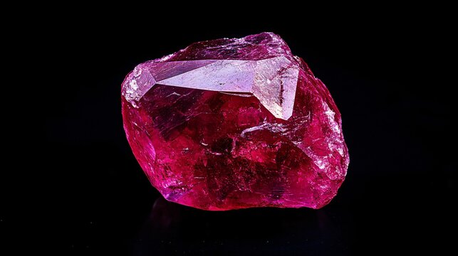 Realistic close-up of a raw ruby with a deep red hue, illuminated to highlight its natural facets and sparkle against a black background 