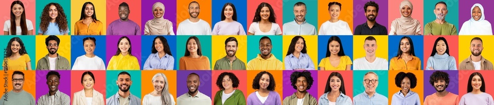 Poster a colorful collection of happy faces representing various cultures. this mosaic highlights the joy o