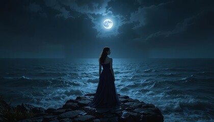 Woman in a flowing dress standing on a rocky shore, gazing at the ocean under the full moon