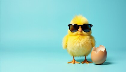 Cute yellow chick wearing sunglasses standing beside a cracked eggshell, set against a vibrant teal background, radiating fun and playful vibes.