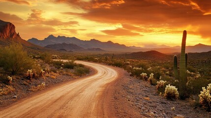 Desert landscape with road, rocks and cactuses. Vector cartoon illustration of highway turn in Arizona or Mexico hot sand desert with orange mountains. Summer western american landscape