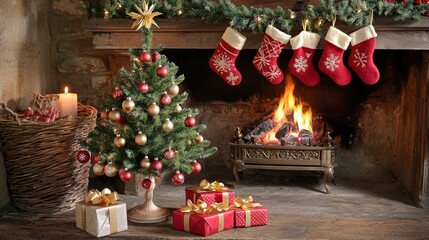 Fototapeta premium Cozy Christmas Scene with Fireplace, Decorated Tree, and Stockings