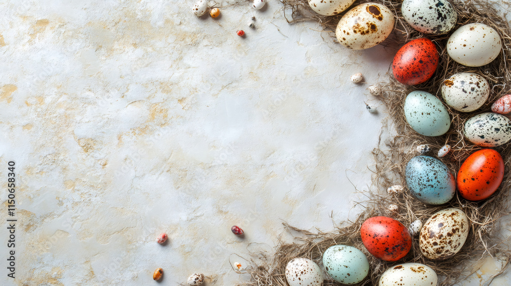 Poster Colorful easter eggs and natural straw nest on a textured background creating a frame with copy space