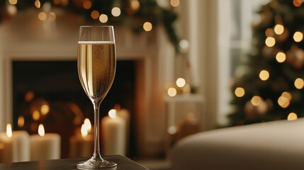 A flute of champagne stands elegantly in the foreground, with a festive blurred background featuring faint outlines of candles and glimmering holiday dÃ©cor.