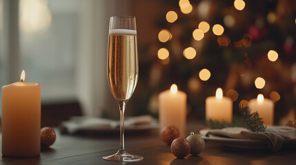 A flute of champagne stands elegantly in the foreground, with a festive blurred background featuring faint outlines of candles and glimmering holiday dÃ©cor.