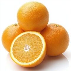 A pile of oranges with one cut in half, isolated on a white background.