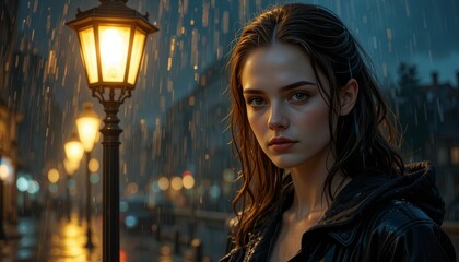 Fototapeta premium Young woman in a rain-soaked city street under a glowing streetlamp, with a mysterious and contemplative expression