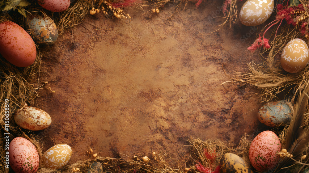 Poster vibrant easter eggs and dried flowers forming a border on a rustic textured backdrop, providing plen