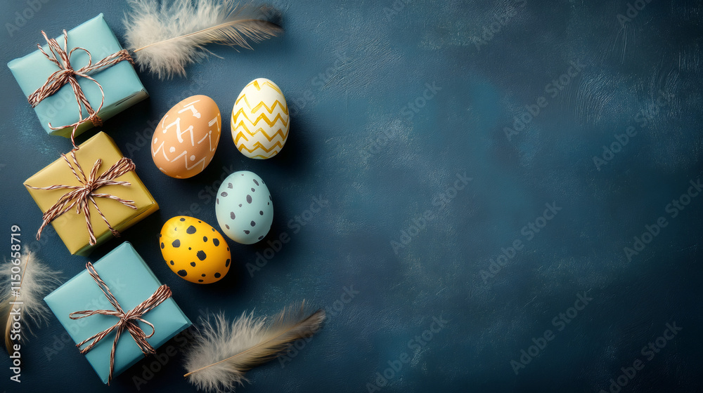 Poster colorful easter eggs and gift boxes arranged on a deep blue textured backdrop, creating a vibrant an
