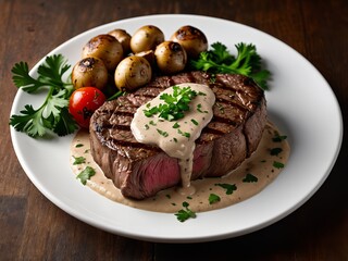 Grillowany Polędwica Mignon Z Sosem Pieprzowym I Pieczonymi Warzywami

