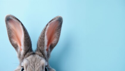 Obraz premium A creative and minimalistic photo showcasing the ears of a rabbit against a soft blue backdrop, conveying cuteness and simplicity.