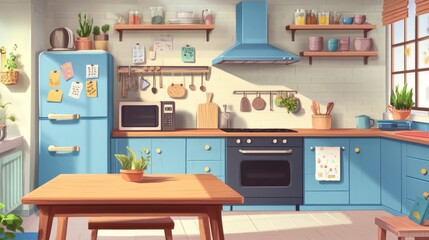 Kitchen interior witn furniture cartoon vector illustration. Home cooking room with wooden dining table, blue kitchen cabinets, fridge with magnet and reminder, oven, microwave, hob and extractor hood