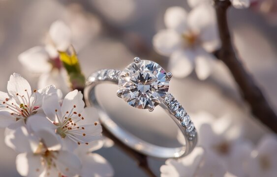 Diamond engagement ring among cherry blossoms close-up