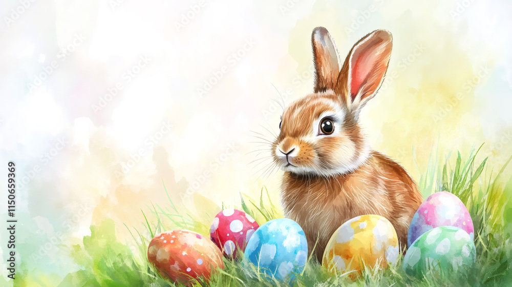 Poster cute easter bunny resting in grass with colorful easter eggs, ideal for easter and spring events