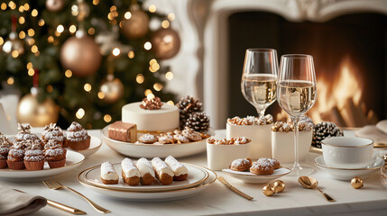 A detailed close-up of a Christmas table filled with holiday treats, fine wine glasses, and elegant plates, with a blurred background of a fireplace, shimmering tree lights, and go