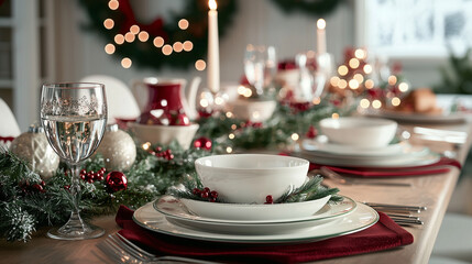 A festive Christmas table set for a family gathering, featuring a variety of holiday dishes, sparkling glassware, and red and green table accents, with a blurred background of fest