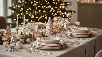 A Christmas dinner table with plush velvet tablecloth, silver cutlery, and holiday-themed decorations, surrounded by a softly blurred background of golden fairy lights and a shimme