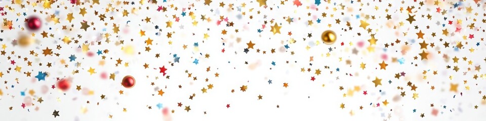 Golden and colorful confetti scattered on a white background, ideal for celebration banners, festive posters, and vibrant wallpapers with ample copy space

