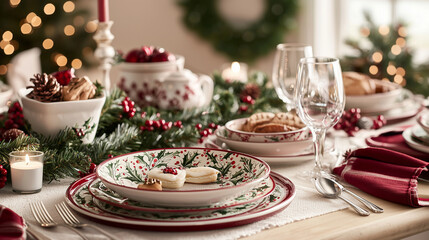 A festive Christmas table set for a family gathering, featuring a variety of holiday dishes, sparkling glassware, and red and green table accents, with a blurred background of fest