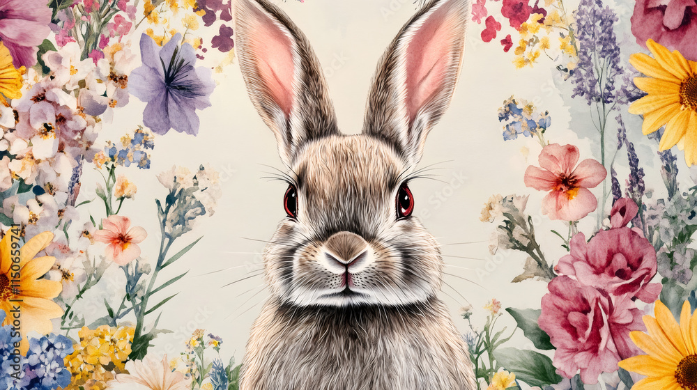 Poster Charming easter bunny surrounded by a colorful display of flowers, setting a joyful and festive springtime atmosphere