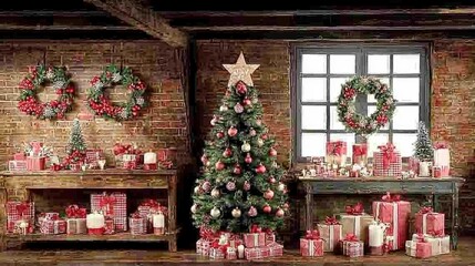 Fototapeta premium Rustic Christmas Scene with Decorated Tree and Presents