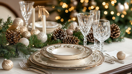A traditional Christmas table set with delicate porcelain plates, crystal glasses, and pinecone decorations, against a blurred festive background of soft lights and sparkling ornam