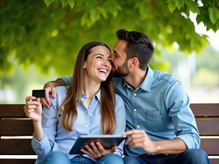 Szczęśliwa para robi zakupy online za pomocą tabletu i karty kredytowej na świeżym powietrzu