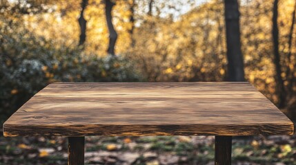 Fototapeta premium An old wooden table with a blurred autumn forest background, perfect for mockups and product photography.