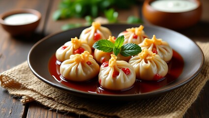 Pierogi nadziewane pomidorami, podawane na rustykalnym drewnianym talerzu z dodatkiem sosu do maczania, ozdobione świeżymi listkami mięty.

