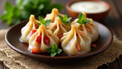 Pierogi nadziewane pomidorami, podawane na rustykalnym drewnianym talerzu z dodatkiem sosu do maczania, ozdobione świeżymi listkami mięty.


