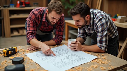 Two male carpenters reviewing a blueprint in a workshop, surrounded by tools and wood shavings, showcasing teamwork