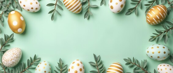 Golden and white decorative Easter eggs displayed elegantly among green leaves, set on a pastel green background. Represents spring celebration, renewal, and festive decoration for Easter and springti