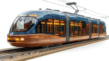 Naklejka premium Sleek modern tram with a unique wood and glass design, gliding along the tracks. A futuristic vision of eco-friendly public transportation.