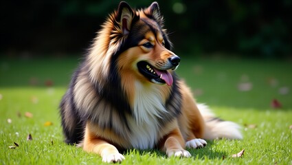 Piękny długowłosy pies relaksujący się na zielonym trawniku