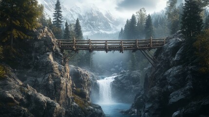 Fototapeta premium Log bridge between mountains above cliff in rock peaks landscape with waterfall and trees background. Beautiful scenery nature view, beam bridgework connect rocky edges, Cartoon vector illustration