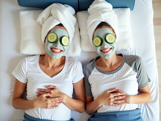 Dwie uśmiechnięte kobiety korzystające z dnia w spa z maseczkami na twarz i plasterkami ogórka